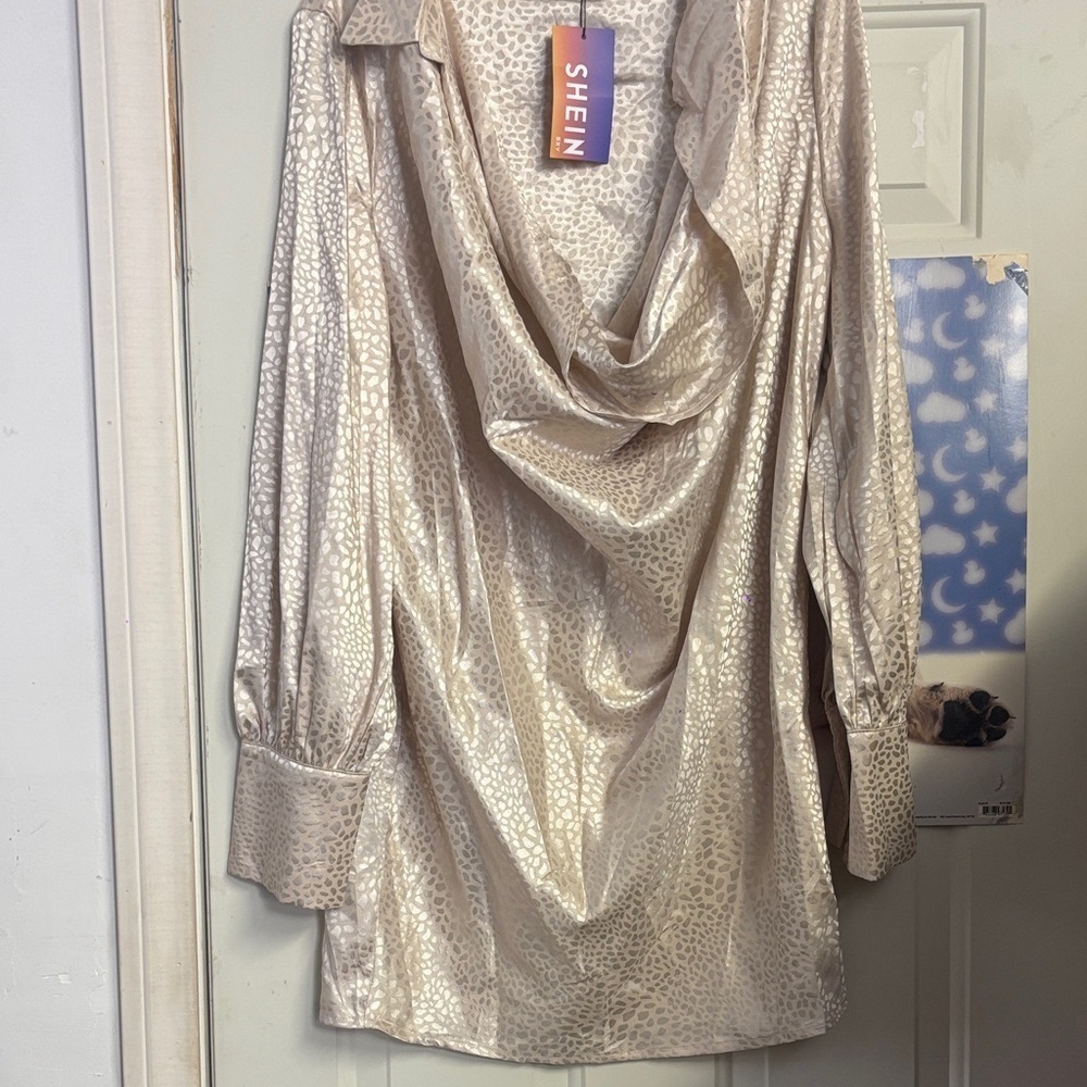 SHEIN Shimmering Cream Cowl Neck Blouse Size L with matching belt